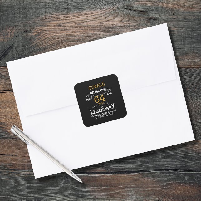 Birthday Any Age Black Gold Legendary Retro Square Sticker (Personalized birthday stickers in black and gold. Any age and name.)