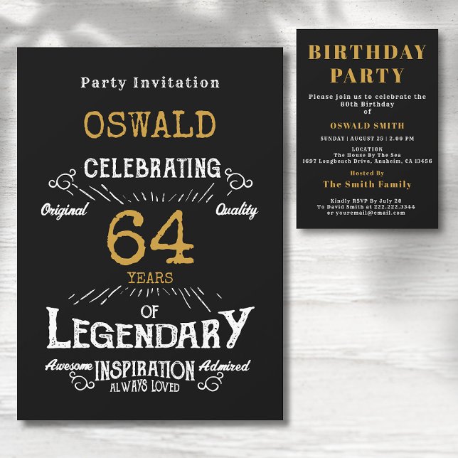 Birthday Any Age Legendary Black Gold Retro Invitation (Any age birthday party invitation. Retro black and gold  Legendary design.)