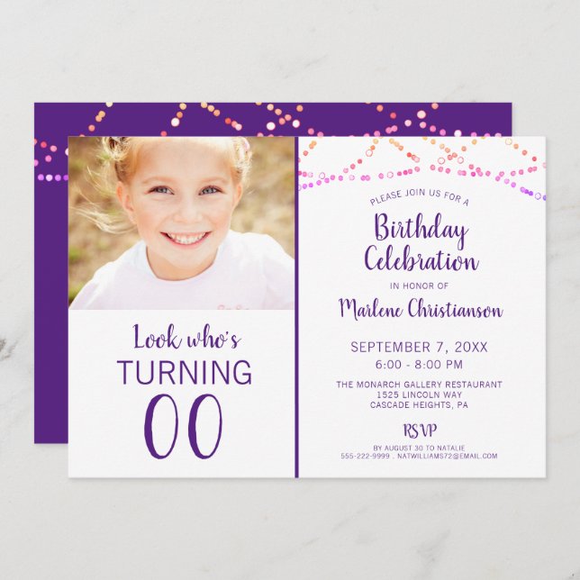 Birthday ANY AGE Multi-Colour String Lights Purple Invitation (Front/Back)