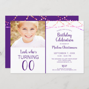 Birthday ANY AGE Multi-Colour String Lights Purple Invitation