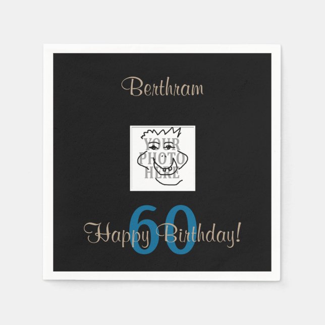 Birthday any Age Personal Photo and Text Black Napkin (Front)