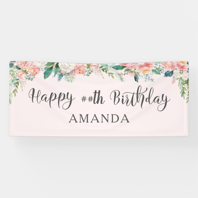 Birthday ANY AGE Watercolor Blush Pink Floral Banner (Horizontal)