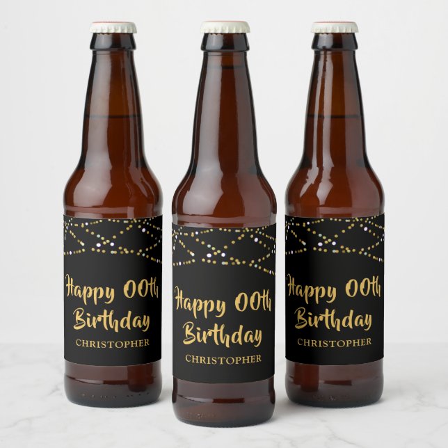 Birthday Any Year Black Gold String Lights Name Beer Bottle Label (Bottles)