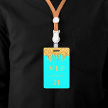 Birthday aqua gold glitter drips monogram vip ID badge<br><div class="desc">A modern, stylish and glamourous badge for a 21st (or any age) birthday party. Aqua coloured background with faux gold glitter drip, paint dripping look. The name is written with a modern hand lettered style script with swashes. With the text: VIP Number 21 is written in a golden colour. To...</div>