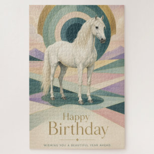 Birthday Art Deco White Horse Geometric Jigsaw Puzzle