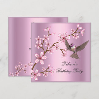 Birthday Asian Pink Blossom Flowers Bird Invitation