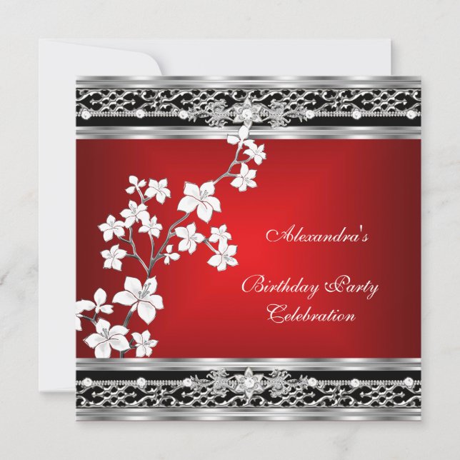Birthday Asian Red Black Floral Silver White Invitation (Front)