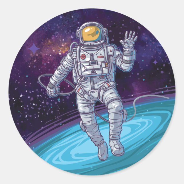 Birthday. Astronaut in Space with Stars & Galaxy. Classic Round Sticker (Front)