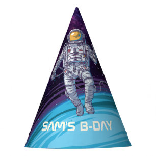 Birthday. Astronaut in Space with Stars & Galaxy. Party Hat