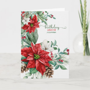 Birthday at Christmastime Poinsettias Custom Holiday Card