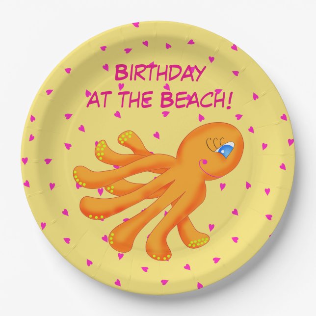 Birthday at the Beach Whimsy Octopus Yellow Orange Paper Plate (Front)