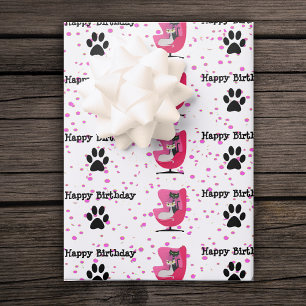 Birthday Atomic Cats Pink Chair Paw Prints Dots Wrapping Paper Sheet