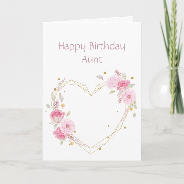 Birthday Aunt  Pink Flower Heart Card (Front)