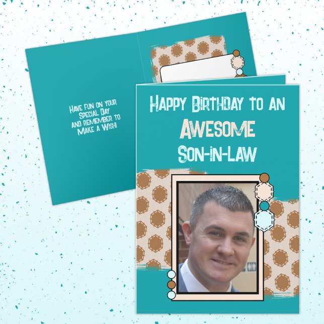 Birthday awesome son in law photo turquoise brown card (Creator Uploaded)