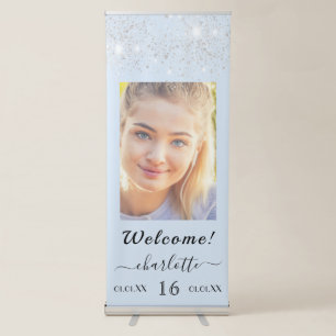Birthday baby blue silver glitter dust photo retractable banner