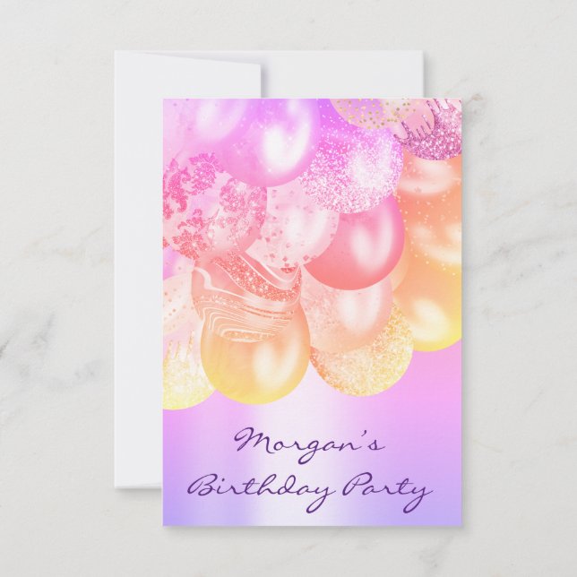 Birthday Baby Shower  pink gold Ballons purple Invitation (Back)