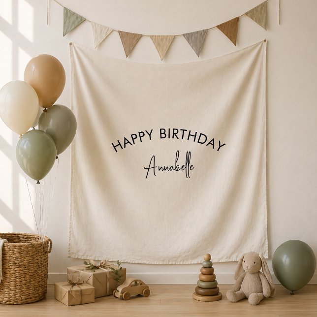 Birthday Backdrop Banner | Tapestry Party Decor (Clean modern birthday backdrop sign with custom name for a simple polished party look)