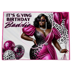 Birthday Baddie Black Woman Pink & Leopard Large Gift Bag