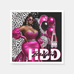 Birthday Baddie Black Woman Pink & Leopard Napkin