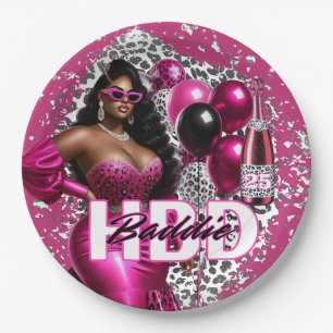 Birthday Baddie Black Woman Pink & Leopard Paper Plate