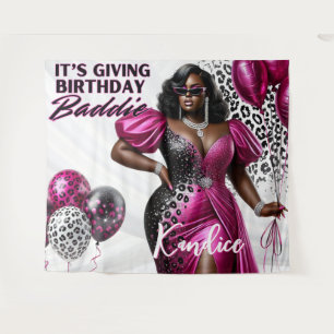 Birthday Baddie Black Woman Pink & Leopard Tapestry