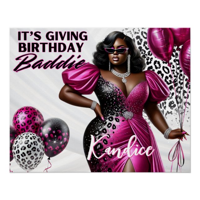 Birthday Baddie Pink & Black Leopard Glam Party Poster (Front)