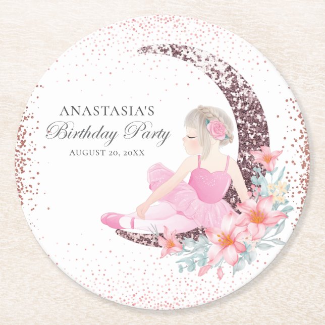 Birthday Ballerina Glitter Personalised Round Paper Coaster (Front)