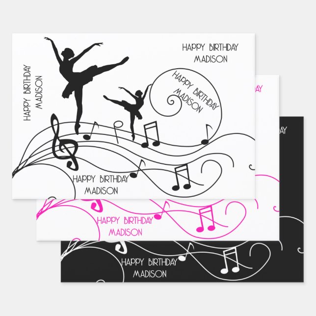 Birthday Ballerina Illustration & Music Notes  Wrapping Paper Sheet (Set)