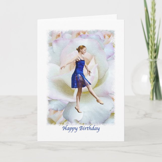 Birthday, Ballerina in Blue on a White Rose Card (Front)