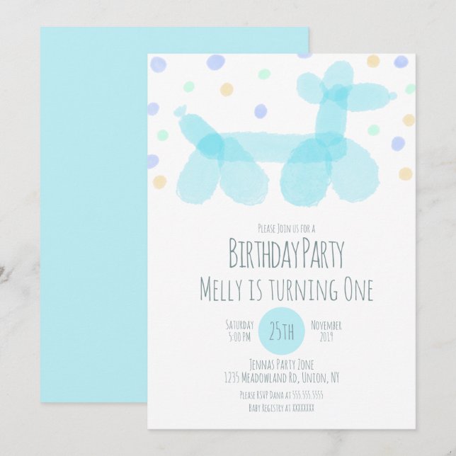 Birthday Balloon Animals Blue Pastel  Invitation (Front/Back)