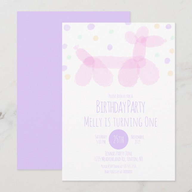 Birthday Balloon Animals Purple Pink Pastel  Invitation (Front/Back)