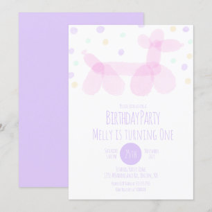Birthday Balloon Animals Purple Pink Pastel  Invitation