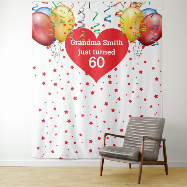 Birthday Balloon Backdrop 60th Photo Prop Tapestry (In Situ)