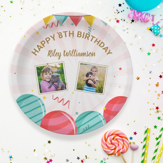 Birthday Balloon Gold Pink Confetti Photos Any Age Paper Plate (Creator Uploaded)