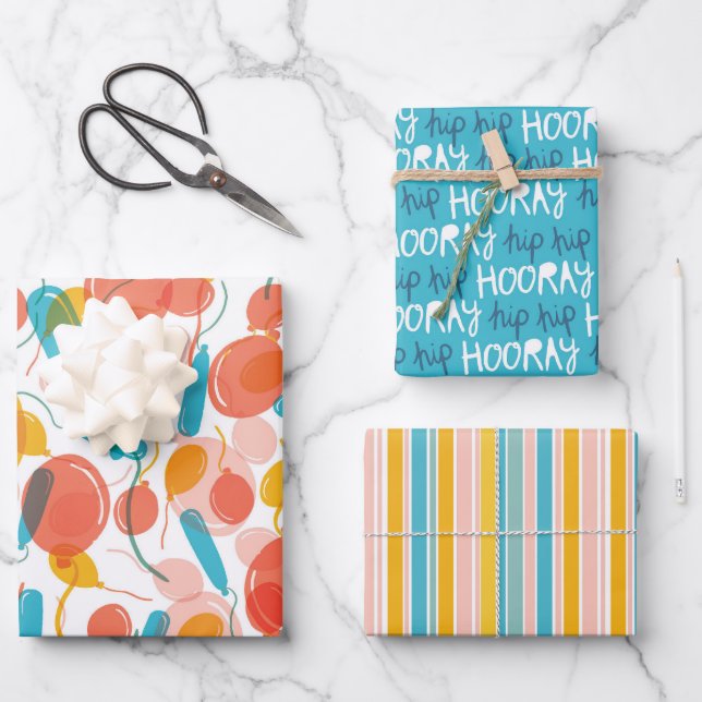 Birthday Balloon Hip Hip Hooray Wrapping Paper Sheet (Front)