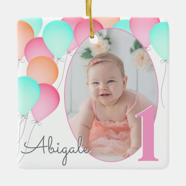 Birthday Balloons Baby's First Birthday with Photo Ceramic Ornament (Front)