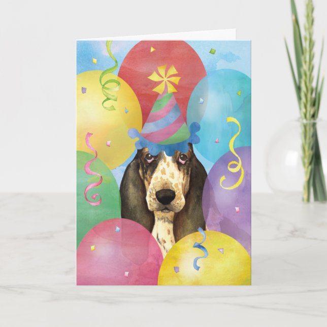 Birthday Balloons Basset Hound Card (Front)