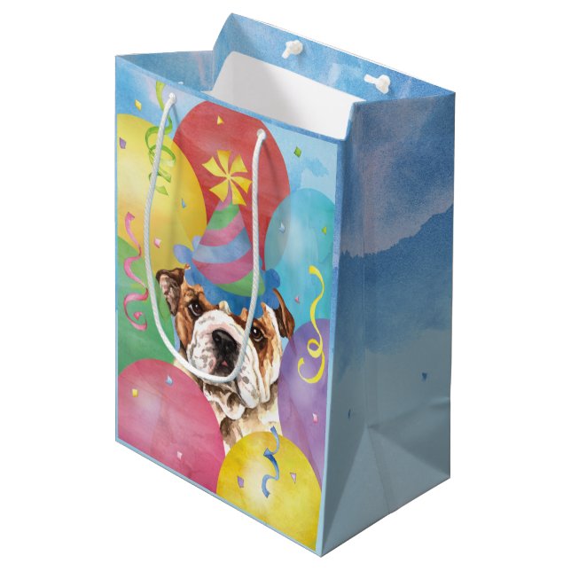 Birthday Balloons Bulldog Medium Gift Bag (Front Angled)