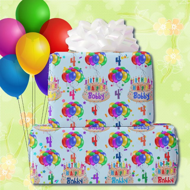 Birthday Balloons Cake Personalise Boy's Name Age Wrapping Paper (Creator Uploaded)