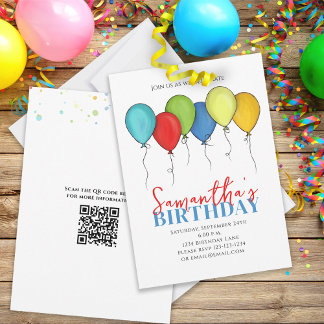 Birthday Balloons Confetti Modern Party QR Code Invitation