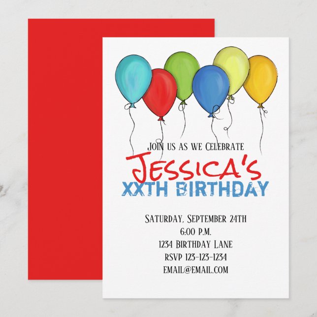 Birthday Balloons Confetti Party Modern Invitation (Front/Back)