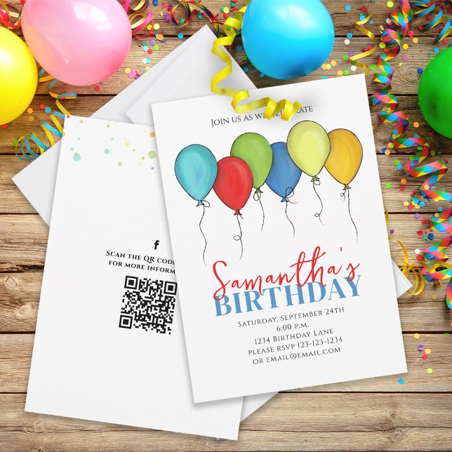 Birthday Balloons Confetti QR Code Social Media Invitation (Creator Uploaded)