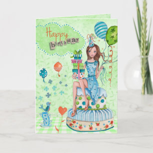 Birthday Balloons Girl Cake Birthday Card