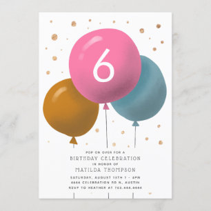 Birthday Balloons Kids Party Gold Confetti Invitation