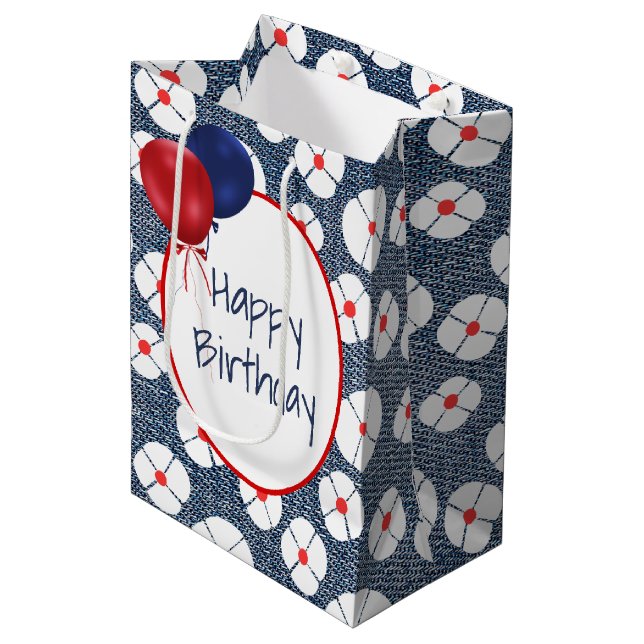 Birthday Balloons on Floral Denim Medium Gift Bag (Front Angled)
