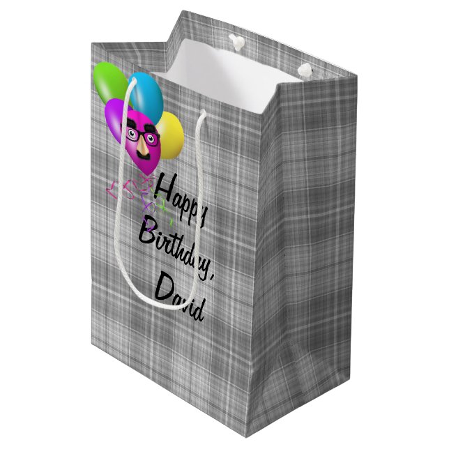 Birthday Balloons On Grey Plaid Medium Gift Bag (Front Angled)