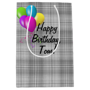 birthday balloons on grey plaid medium gift bag