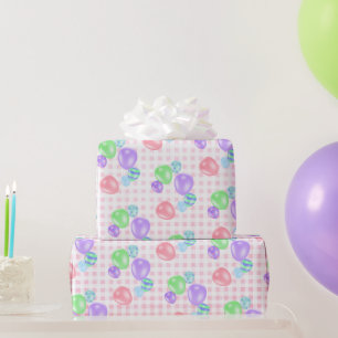 Birthday Balloons On Pink Gingham Wrapping Paper