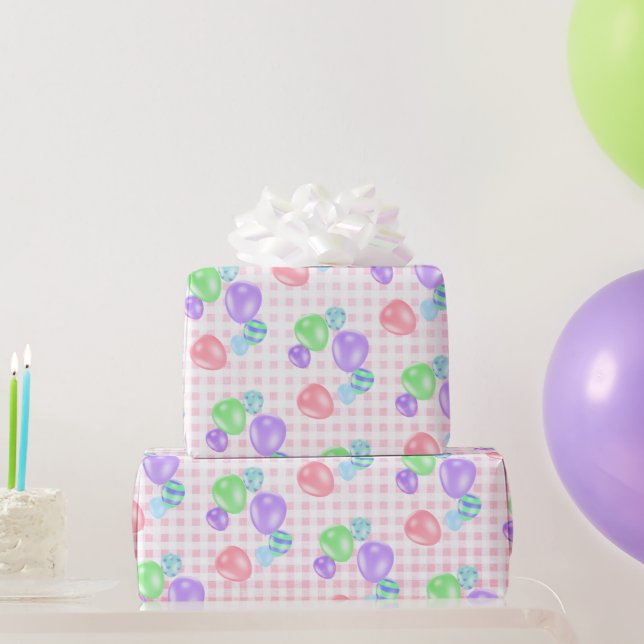 Birthday Balloons On Pink Gingham Wrapping Paper (Party Gifts)
