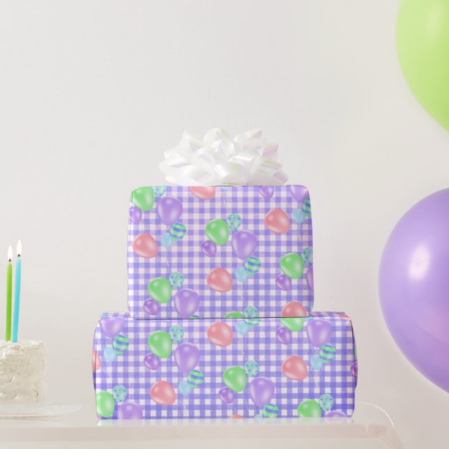 Birthday Balloons On Purple Gingham Wrapping Paper (Party Gifts)